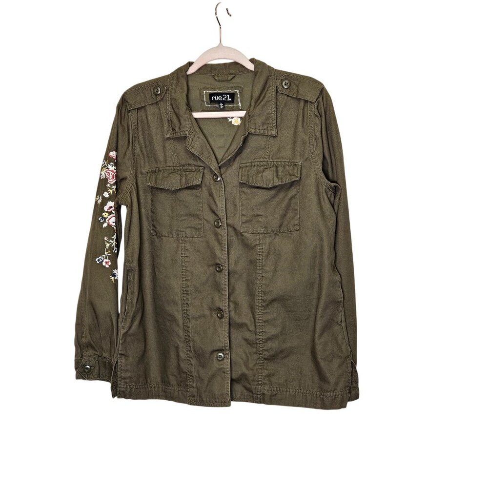 Rue21 Olive Green Embroidered Military‎ Jacket Size L "We Run The World" Womens